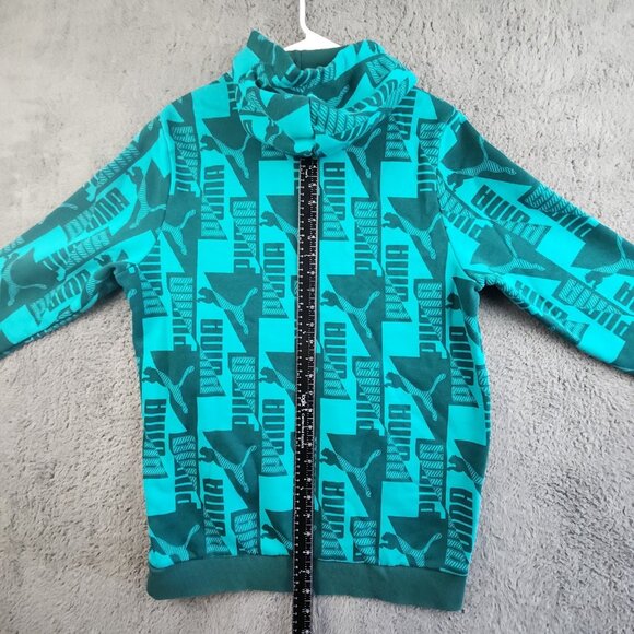 Puma Hoodie Men's Large Blue Allover Graphic Logo Pullover Fleece Sweatshirt - Picture 7 of 10